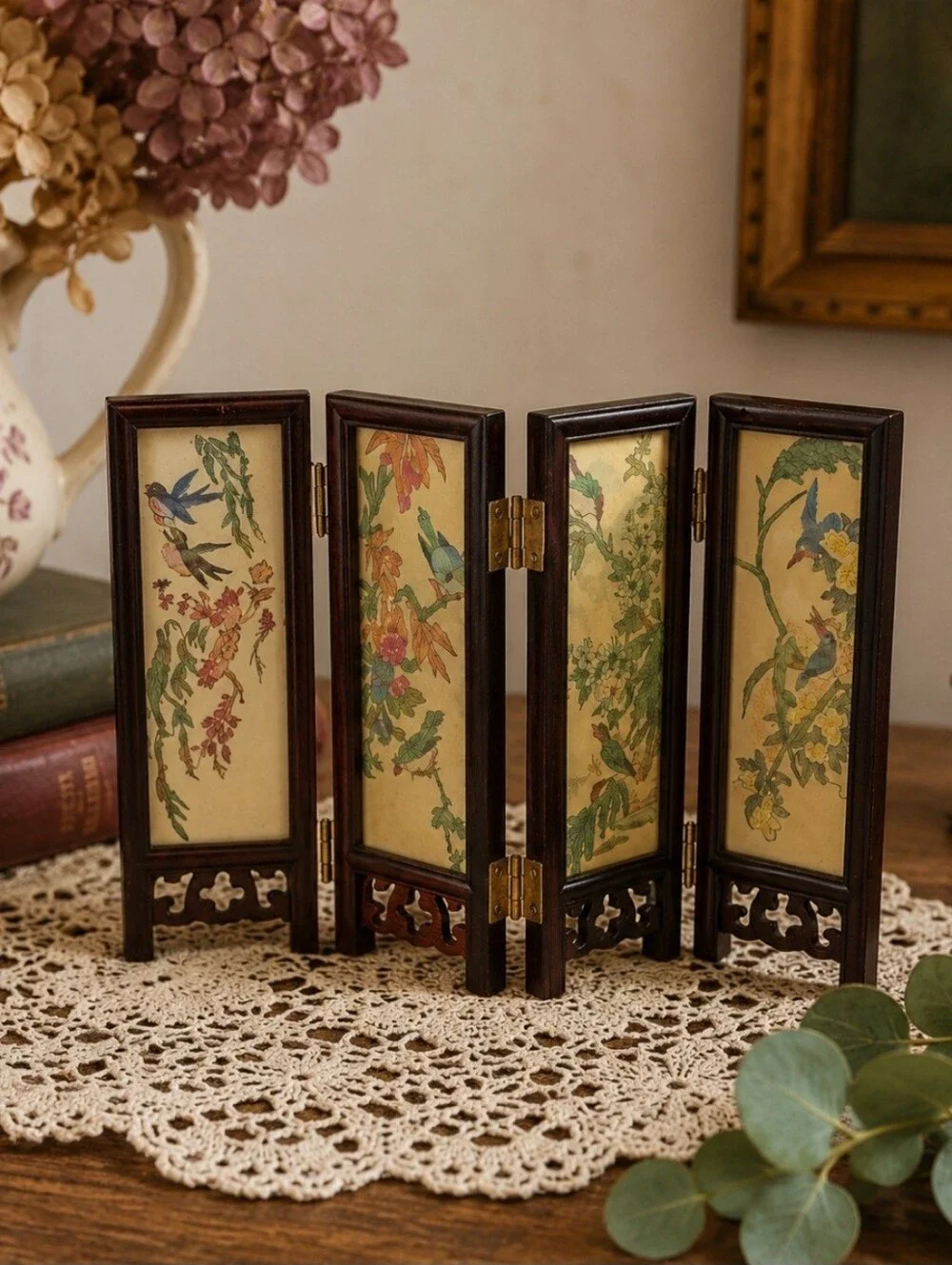 Decorative Four-Panel Mini Folding Screen - Brown with Floral & Bird Panels